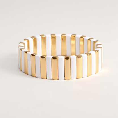 Women's Classic Chic White and Gold Tone Color Block Wide Stretch Bangle