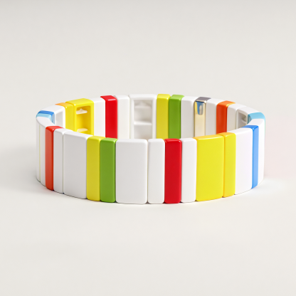 Fun Rainbow and White Color Block Wide Geometric Stretch Bracelet