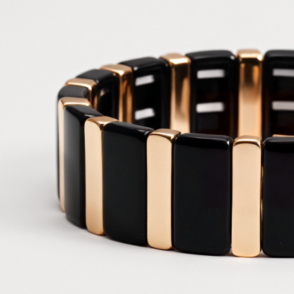 Luxury Chic Black and Gold Alternating Link High Polished Elastic Bracelet