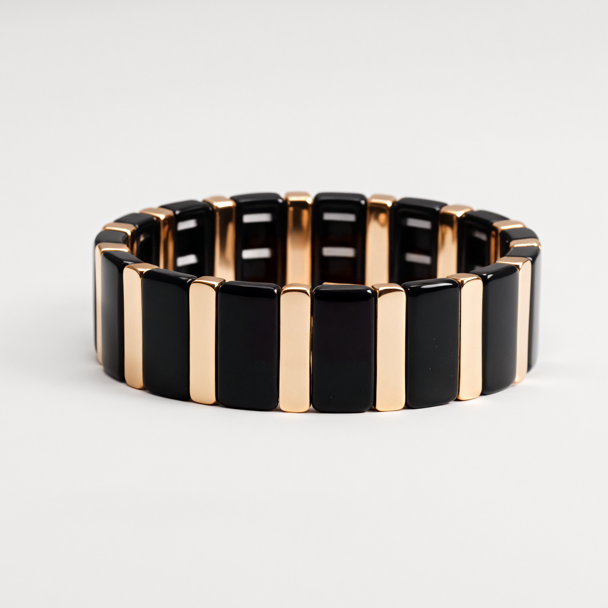 Luxury Chic Black and Gold Alternating Link High Polished Elastic Bracelet