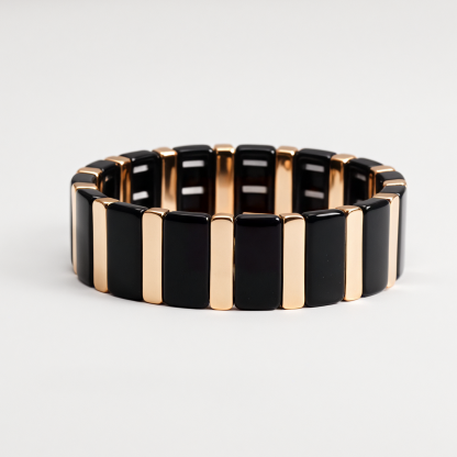 Luxury Chic Black and Gold Alternating Link High Polished Elastic Bracelet