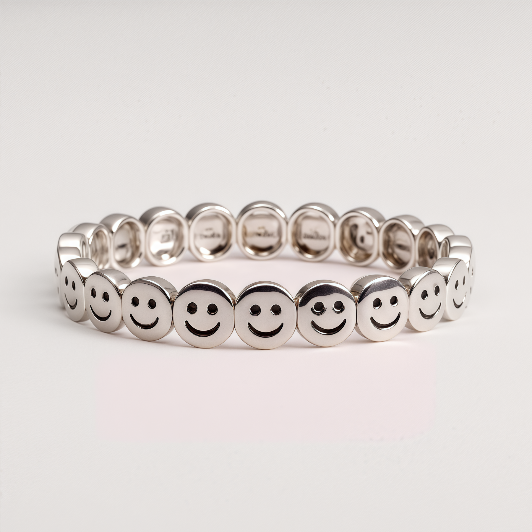 Unisex Silver Tone Smiley Face Emoji Round Link Stretch Bracelet