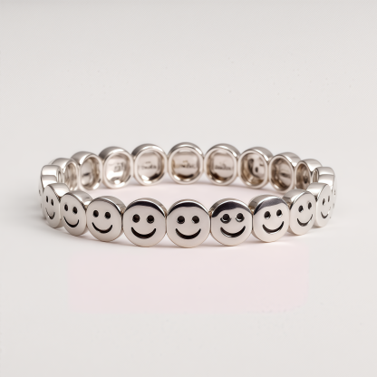 Unisex Silver Tone Smiley Face Emoji Round Link Stretch Bracelet
