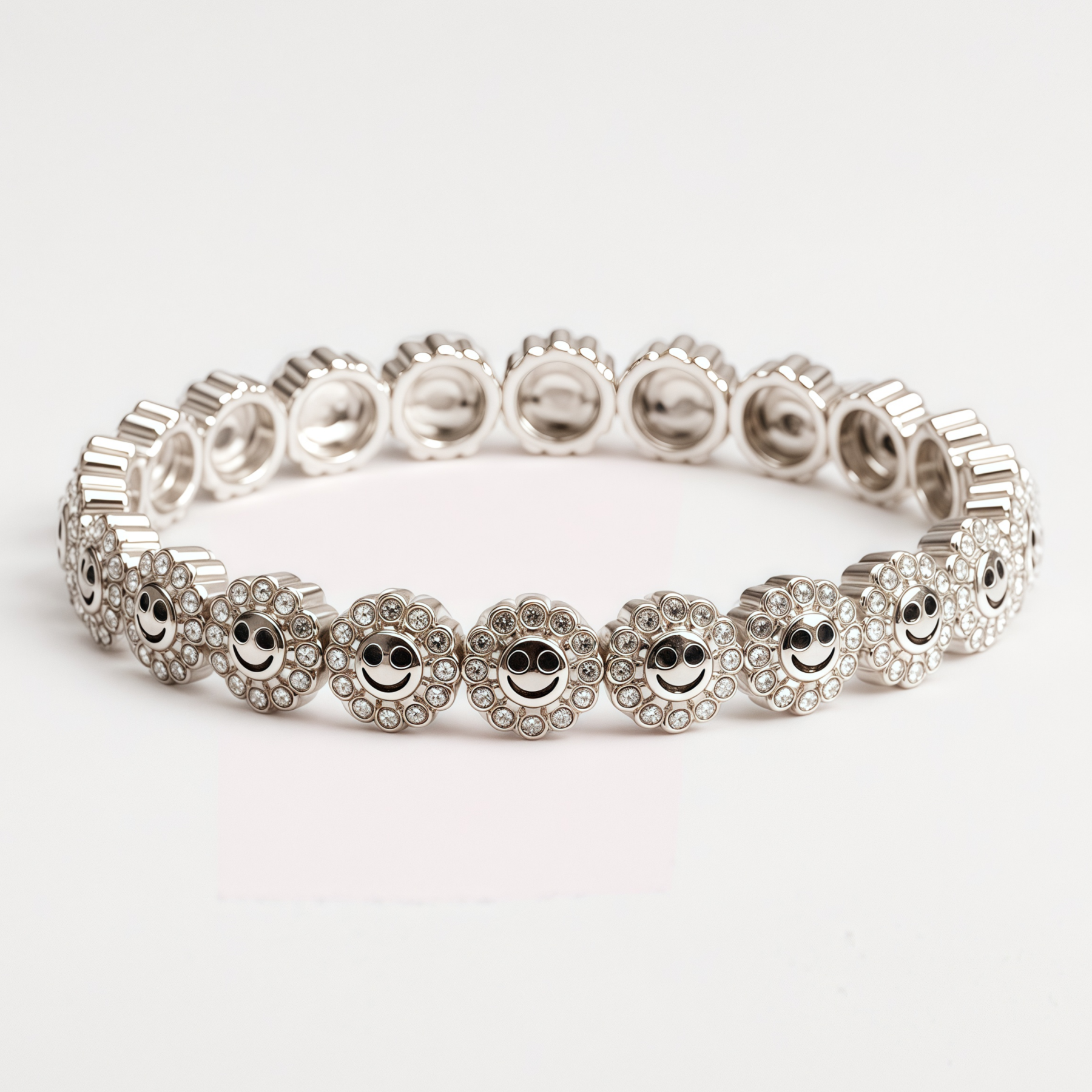 Trendy Silver Tone Smiley Face Emoji Paved Link Stainless Steel Bracelet