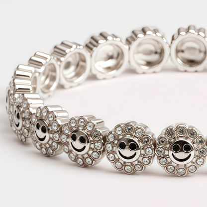 Trendy Silver Tone Smiley Face Emoji Paved Link Stainless Steel Bracelet