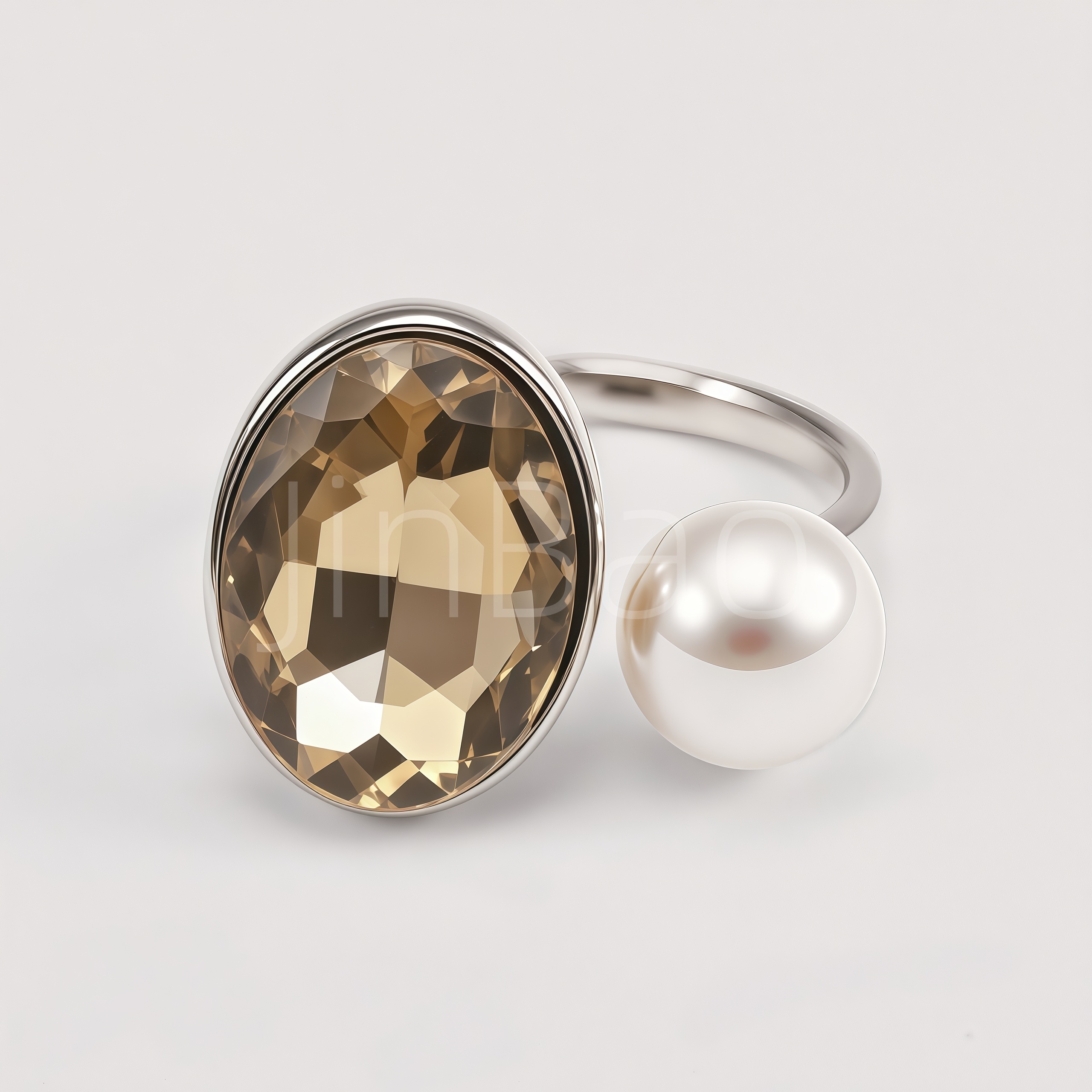 Champagne Crystal & Pearl Dual Gem Silver Cocktail Women's Ring | N002815