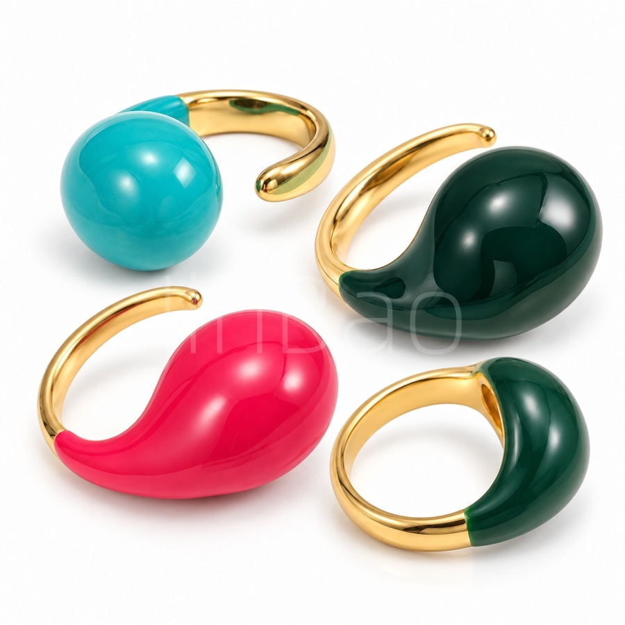 abstract organic color block asymmetrical teardrop and spherical dome Open Cuff Ring E00166