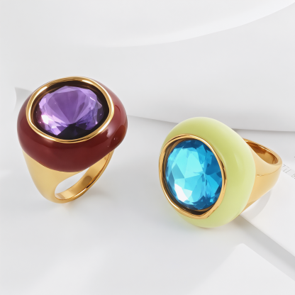 Vintage Stainless Steel Gemstone Ring Colorful Resin Oval Women Ring | G004606
