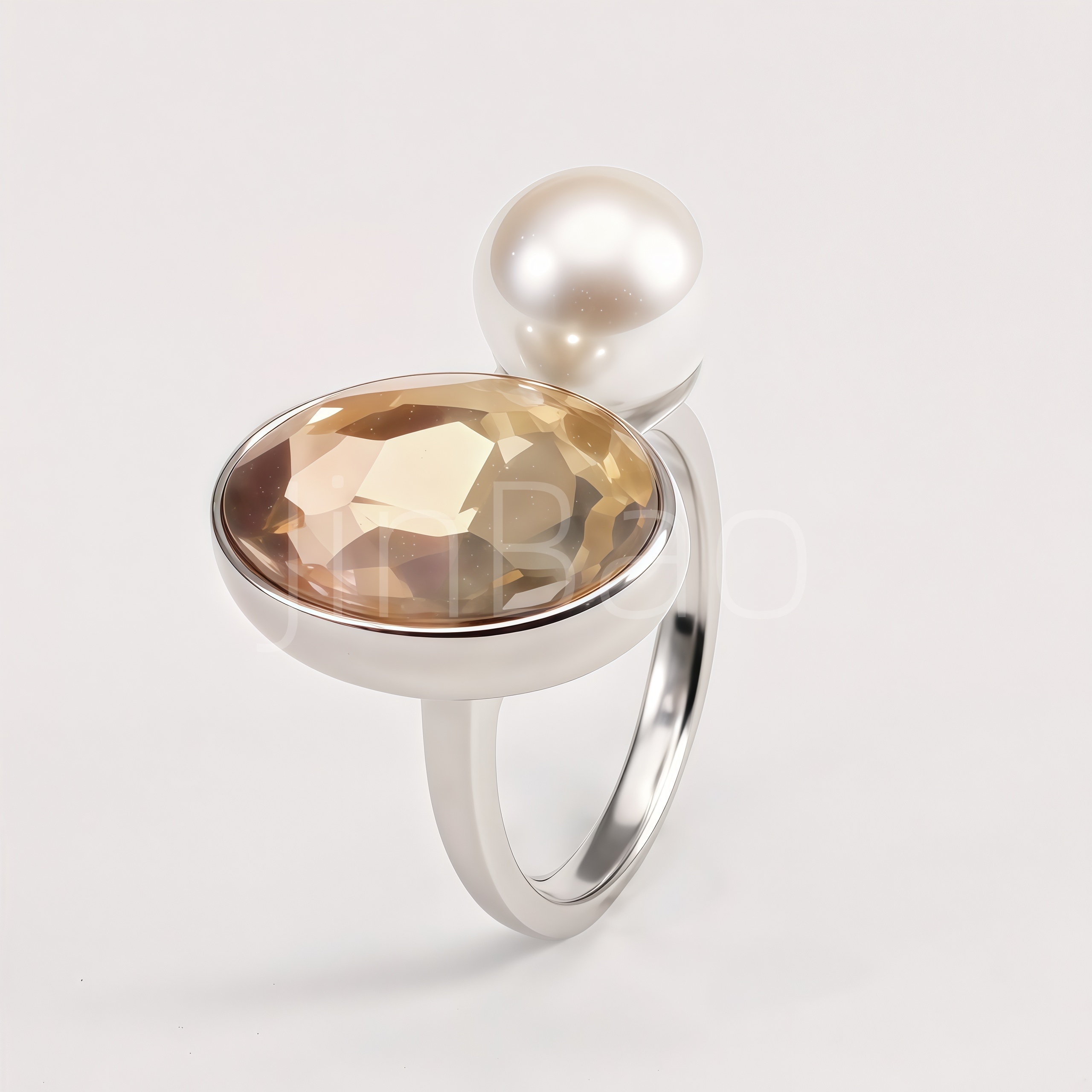 Champagne Crystal & Pearl Dual Gem Silver Cocktail Women's Ring | N002815