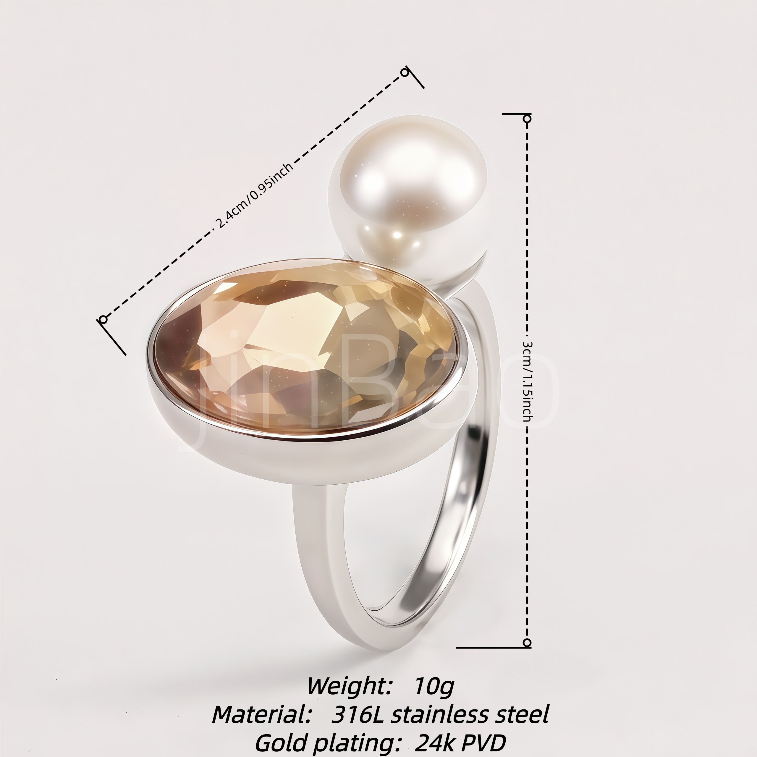Champagne Crystal & Pearl Dual Gem Silver Cocktail Women's Ring | N002815