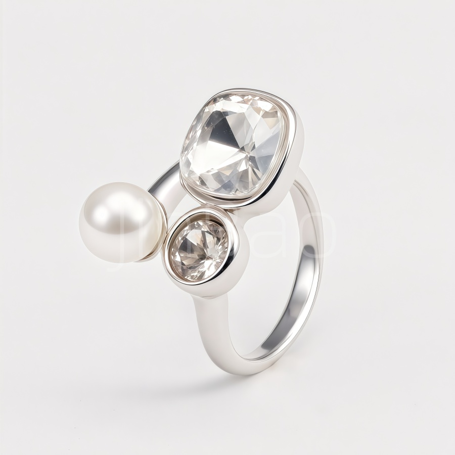 Asymmetric Pearl & Dual Zircon Statement Ring for Women | E00470G