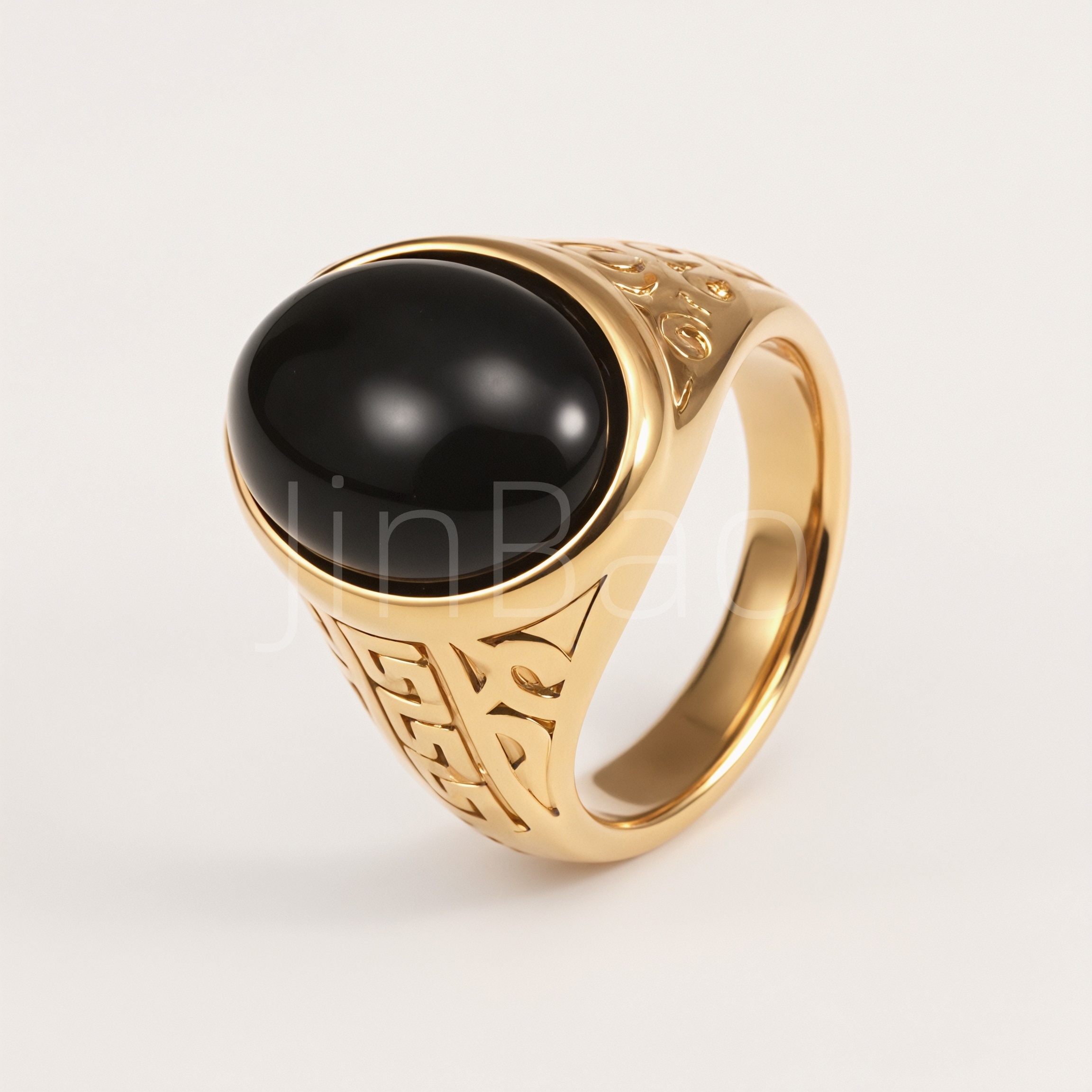Vintage Carved Black Onyx Stainless Steel Men Finger Ring