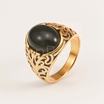 Vintage Carved Black Onyx Stainless Steel Men Finger Ring