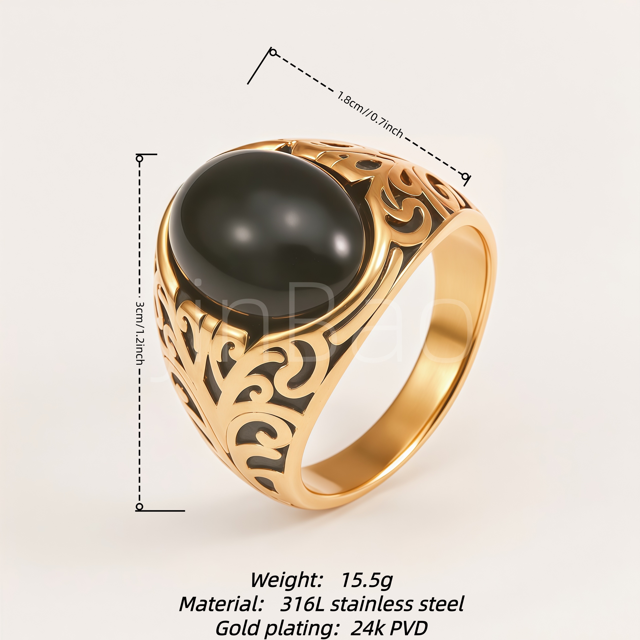 Vintage Carved Black Onyx Stainless Steel Men Finger Ring