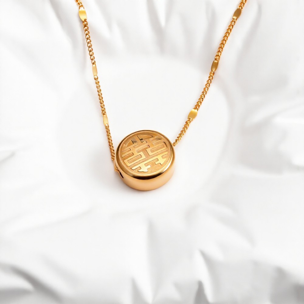 Gold Tone Double Happiness Symbol Pendant Necklace