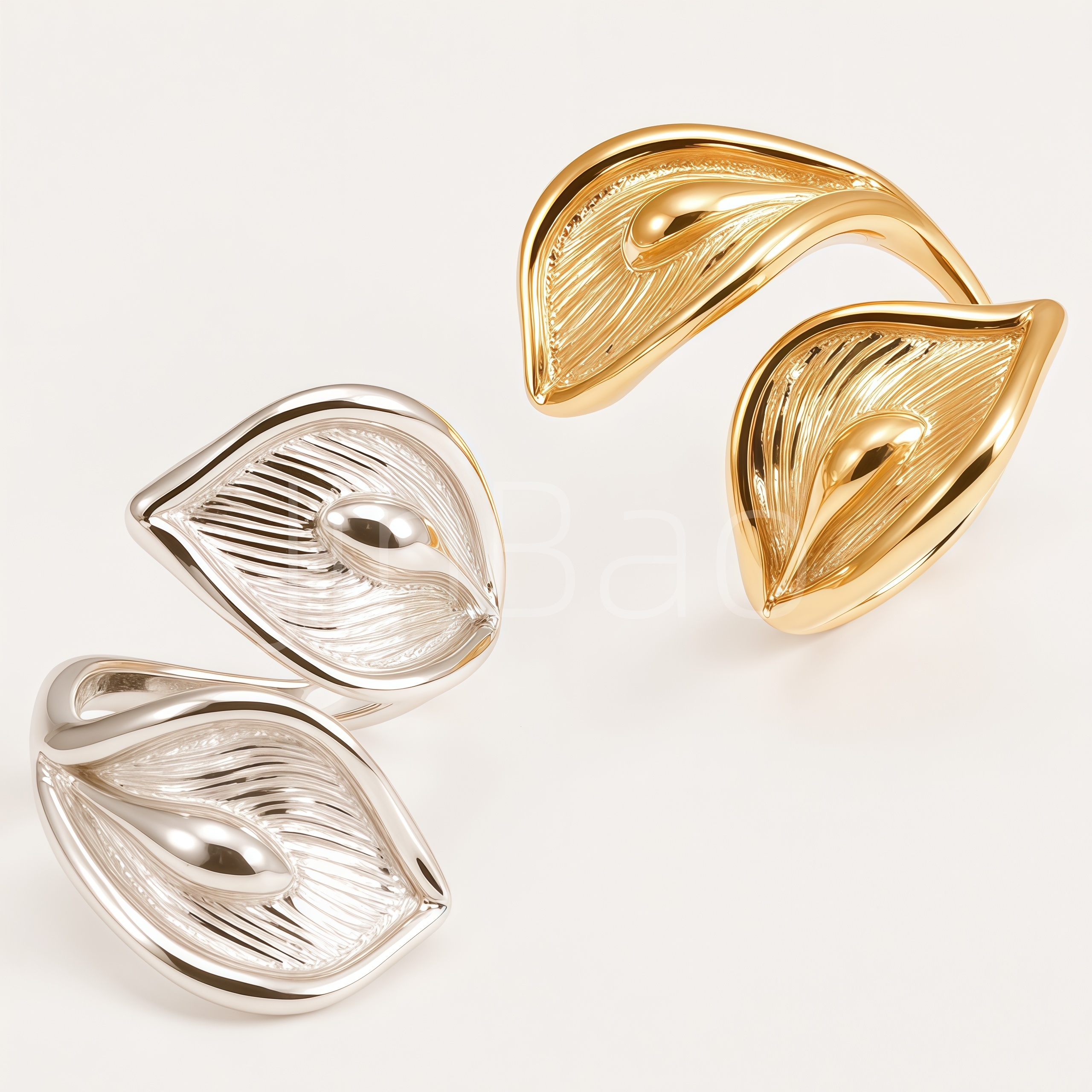 Dual Calla Lily Leaf Textured Open Cuff Women Ring