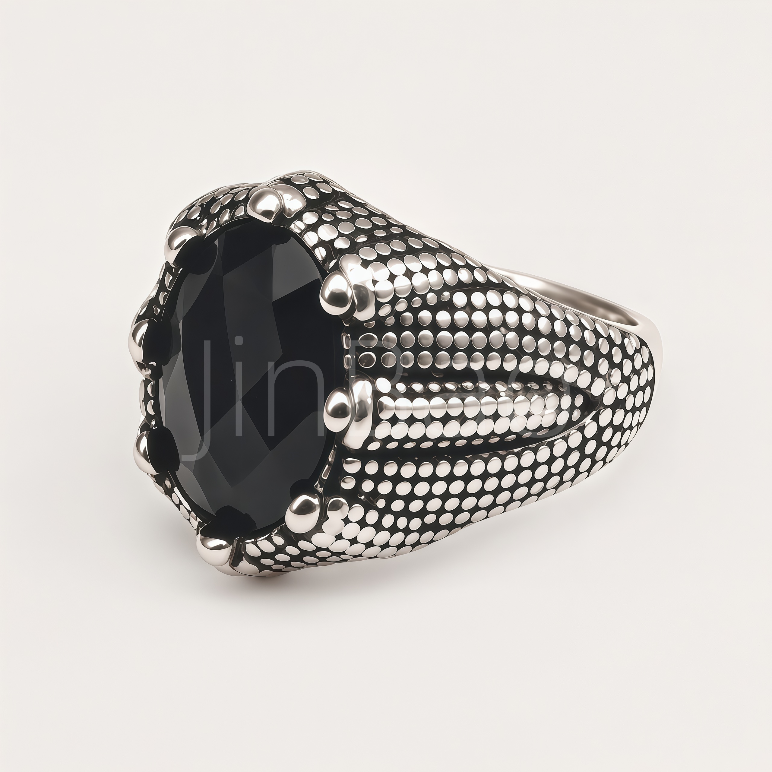 Antique Silver Tone Stainless Steel Mens Oval Black Gem Ring | B093