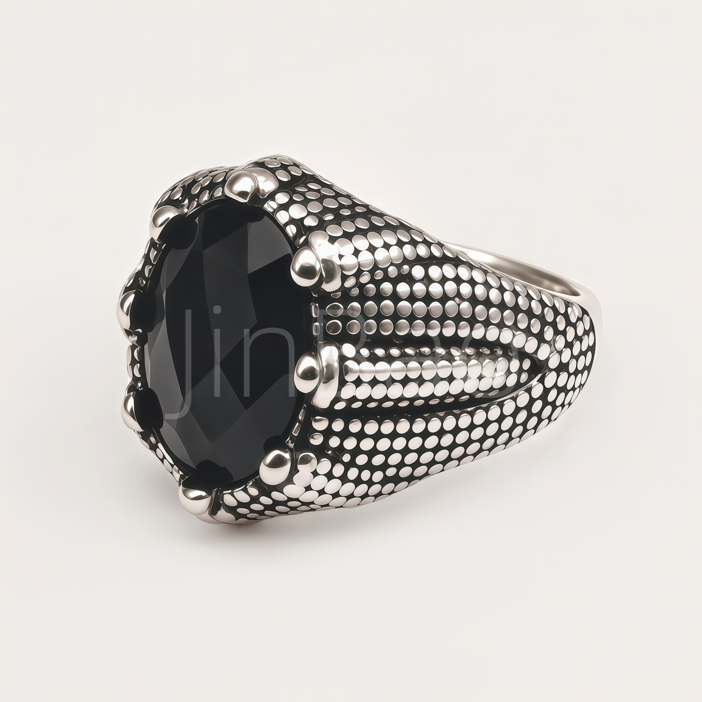 Antique Silver Tone Stainless Steel Mens Oval Black Gem Ring | B093