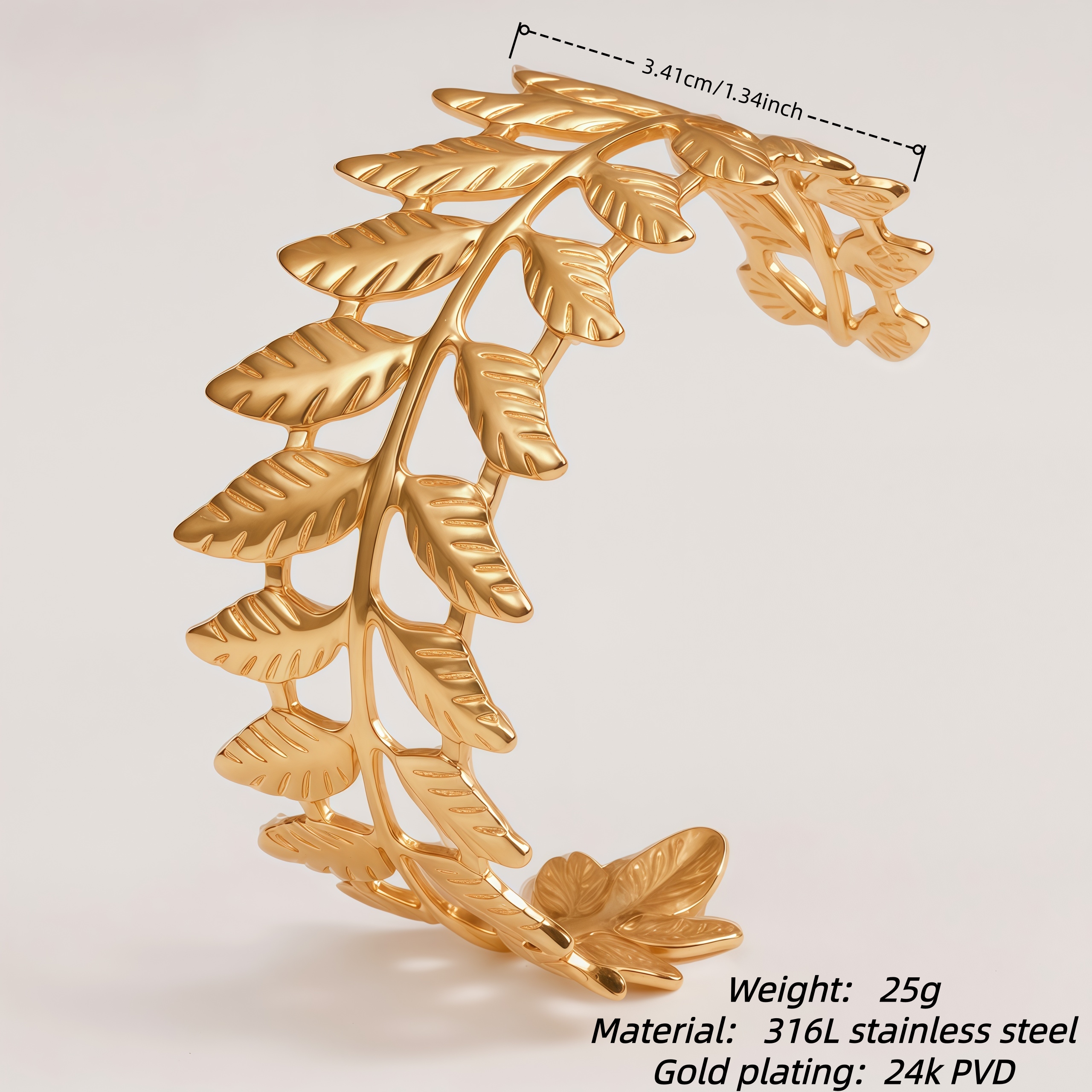 Fern Leaf Shaped Gold-Plated Open Cuff Bracelet for Women