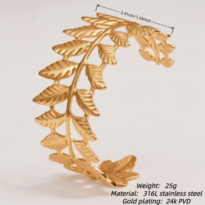 Fern Leaf Shaped Gold-Plated Open Cuff Bracelet for Women