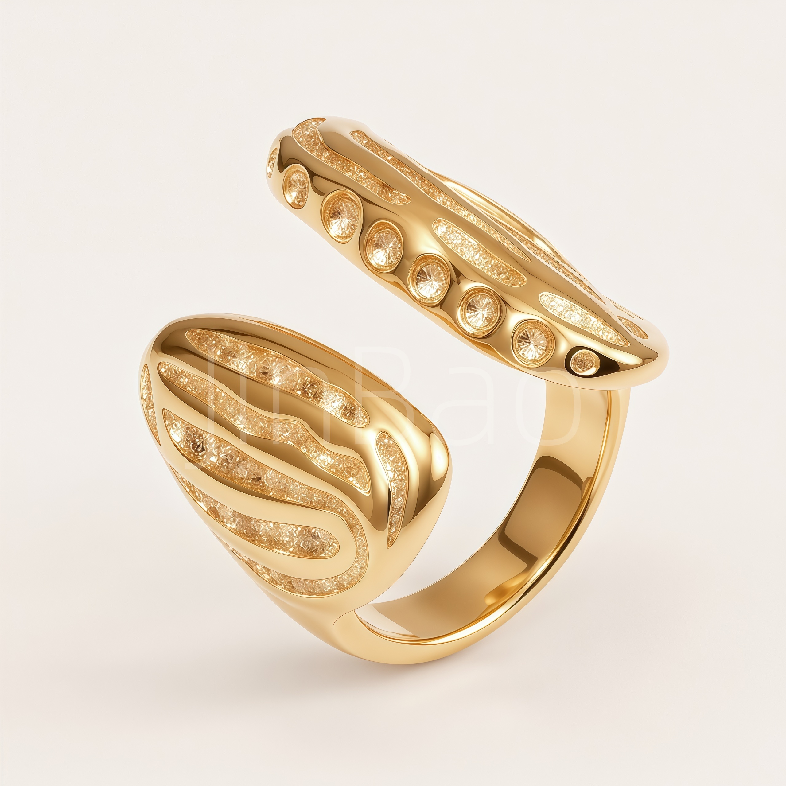 Double Leaf Textured Champagne CZ Bypass Open Ring for Women | E00450
