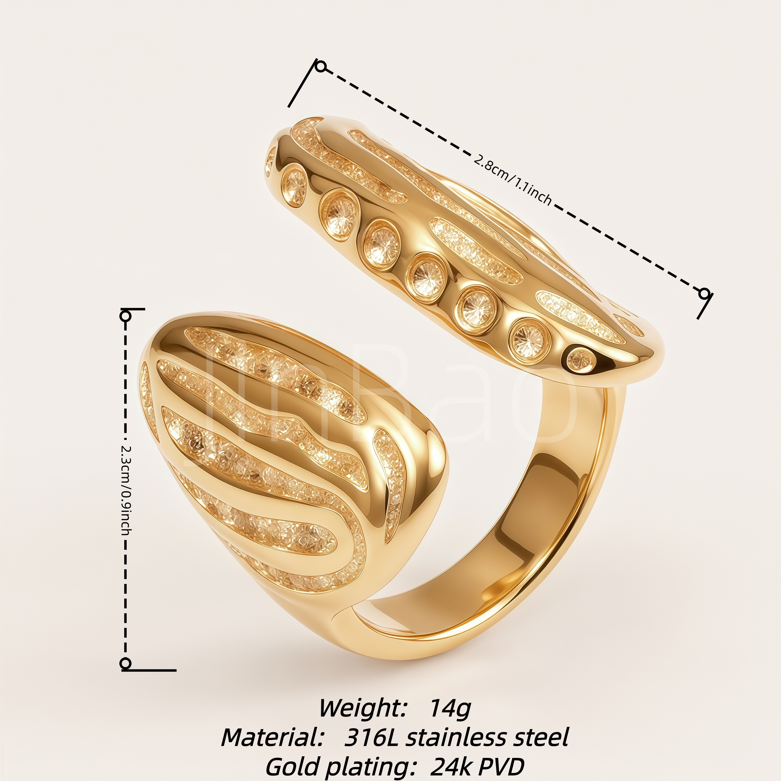 Double Leaf Textured Champagne CZ Bypass Open Ring for Women | E00450