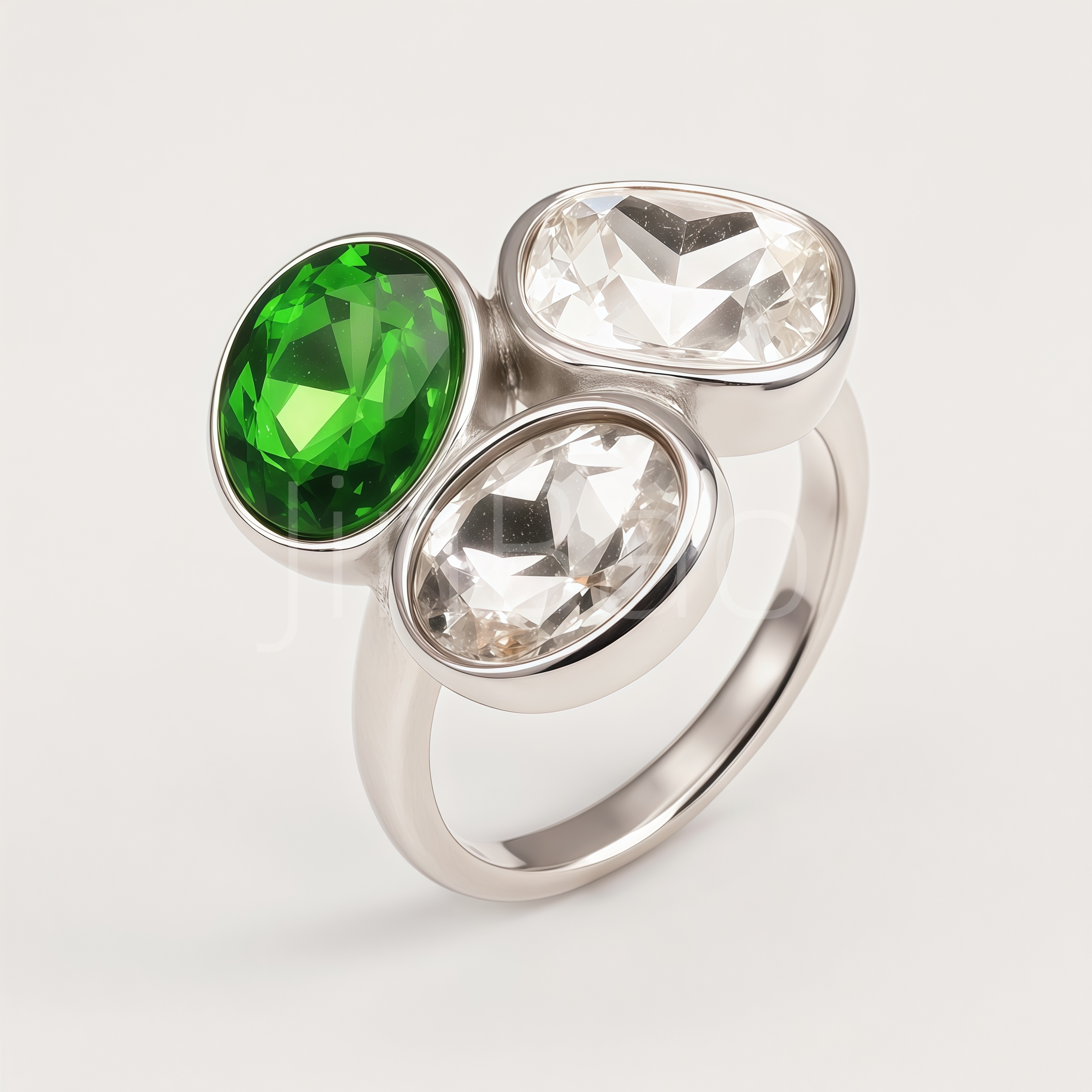 Three-Stone Green & Clear Oval CZ Bezel Cluster Ring for Women| N002799