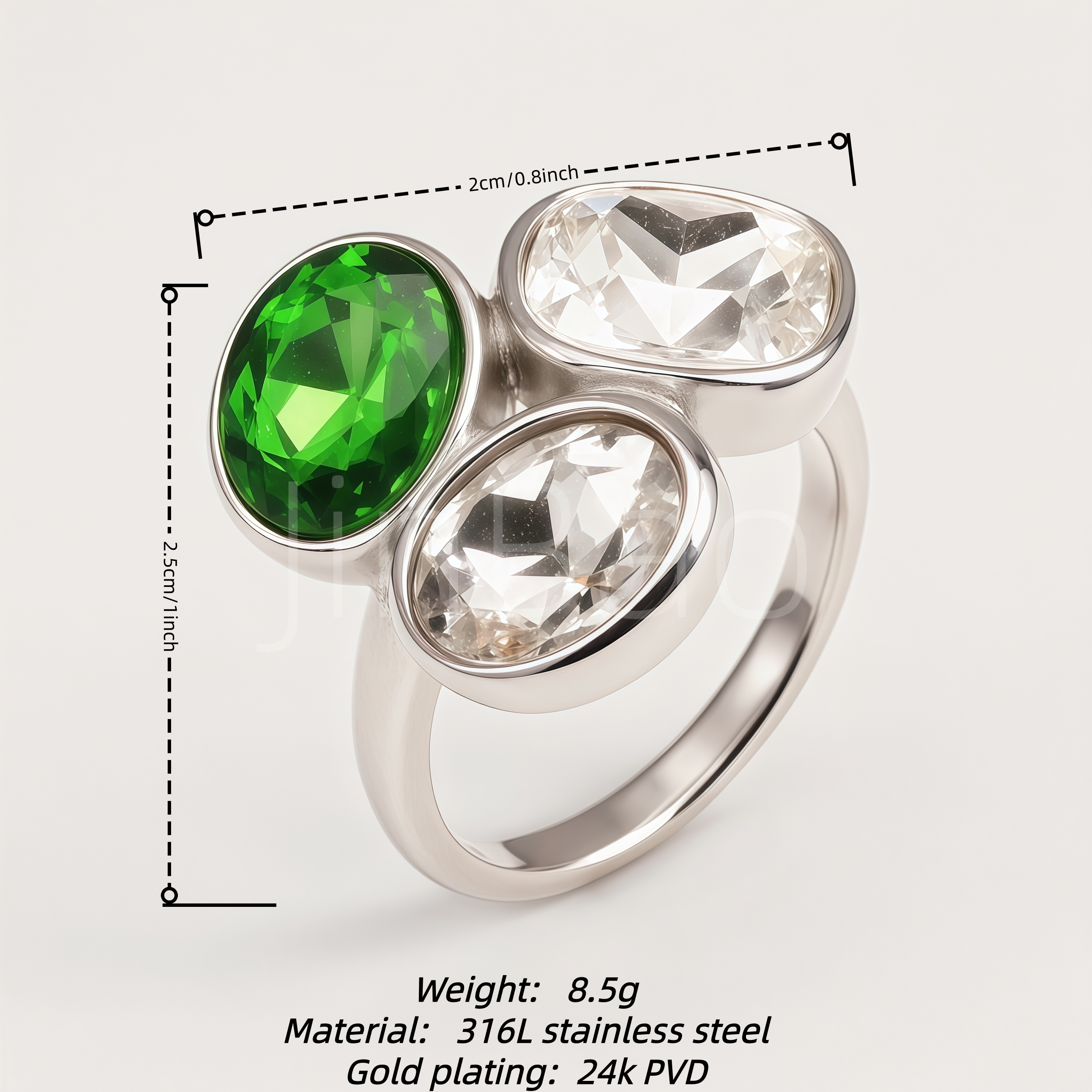 Three-Stone Green & Clear Oval CZ Bezel Cluster Ring for Women| N002799