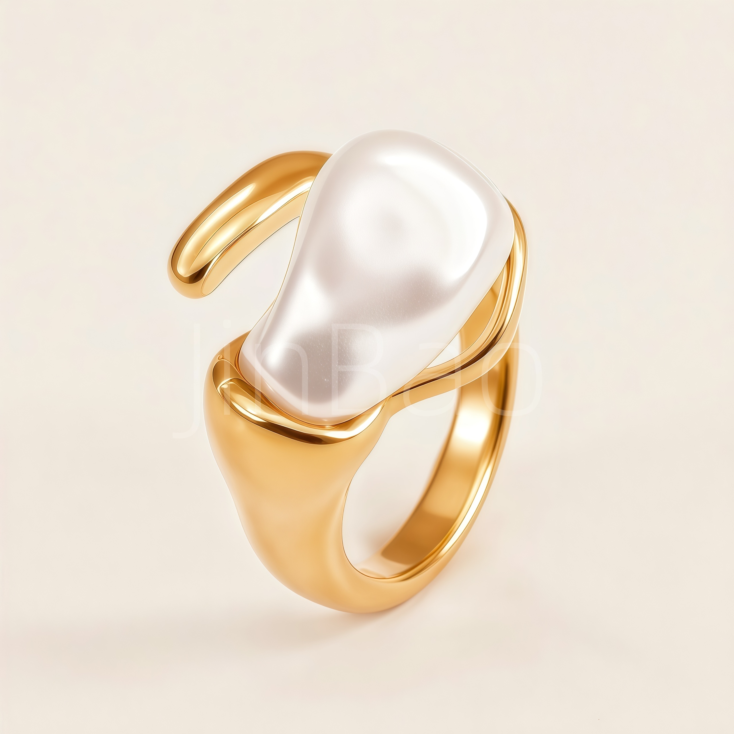 Fluid Metal Baroque Pearl Open Gold Adjustable Women's Ring | E00479
