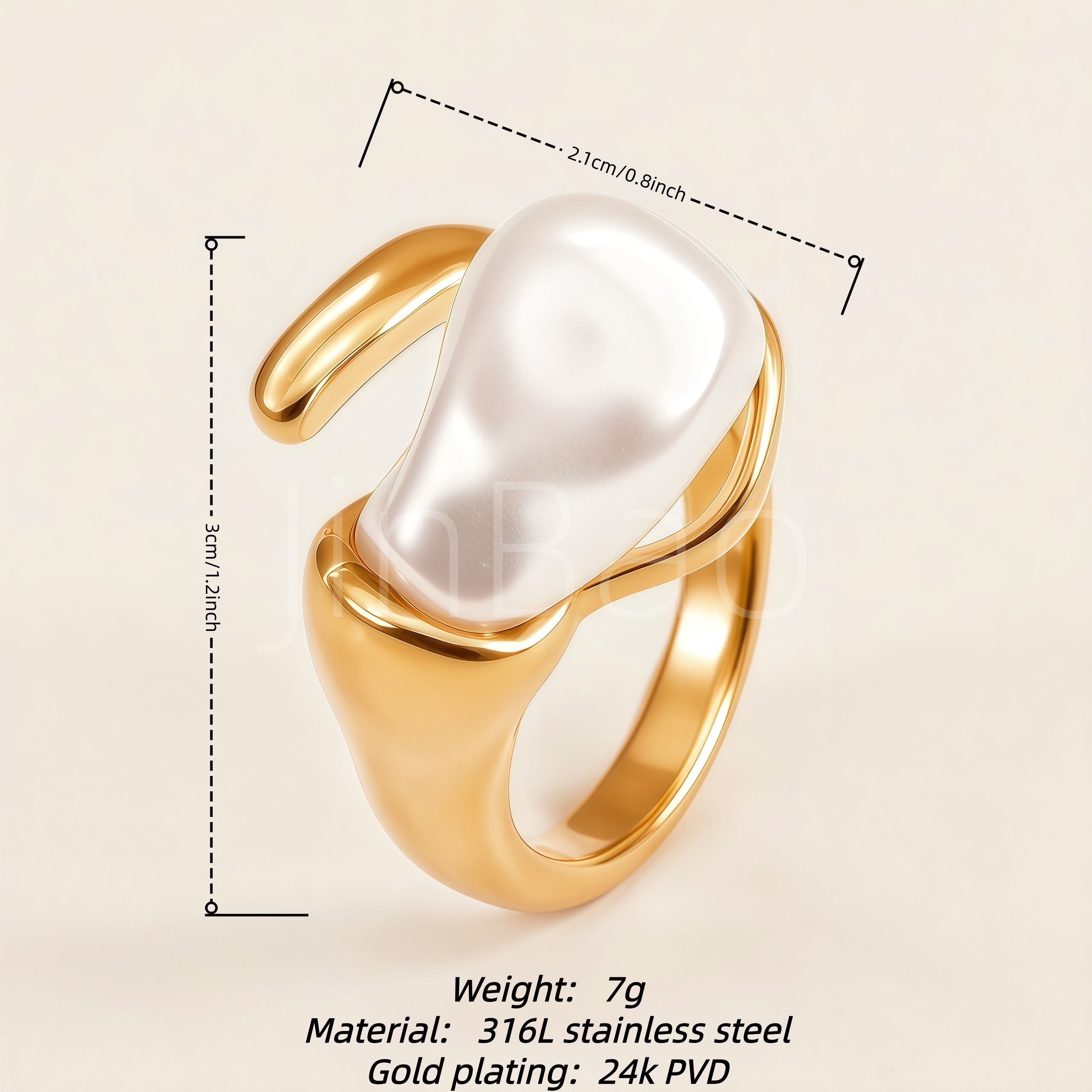Fluid Metal Baroque Pearl Open Gold Adjustable Women's Ring | E00479