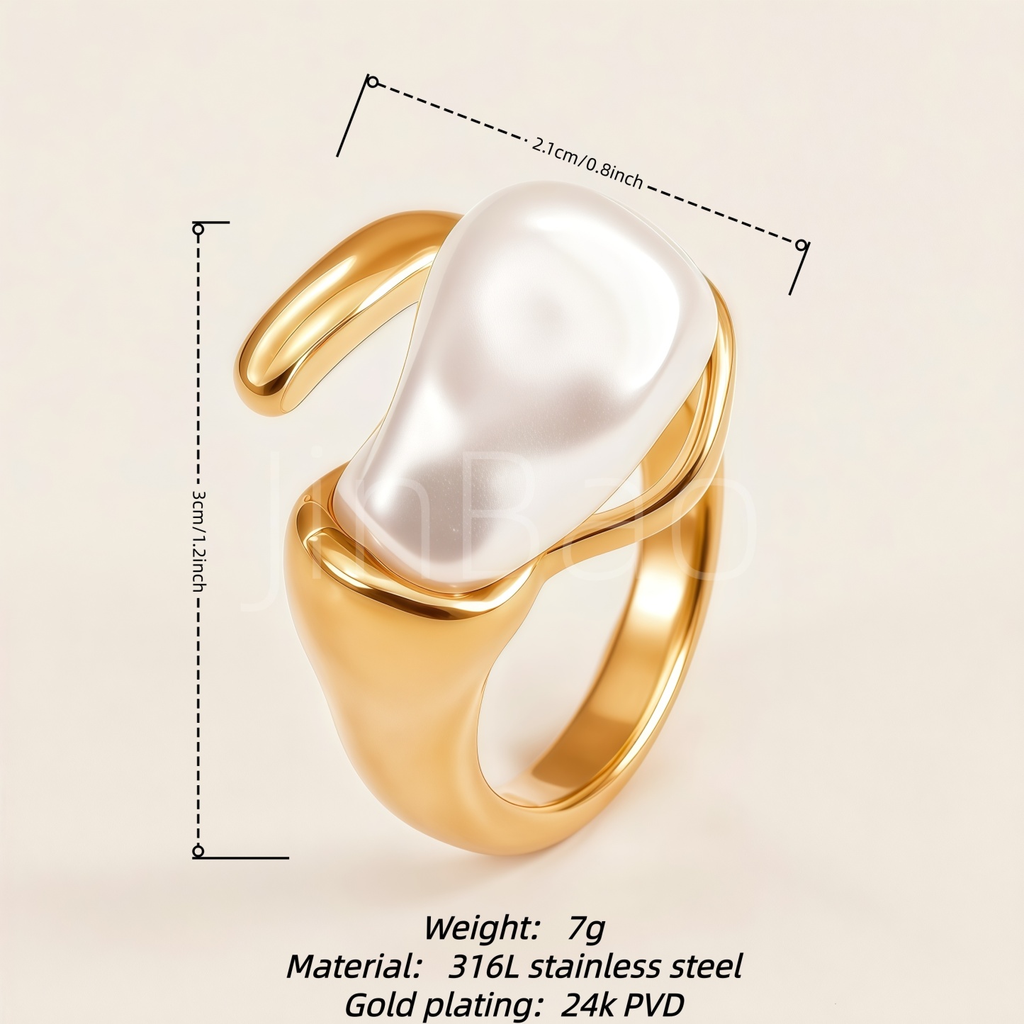 Fluid Metal Baroque Pearl Open Gold Adjustable Women's Ring | E00479