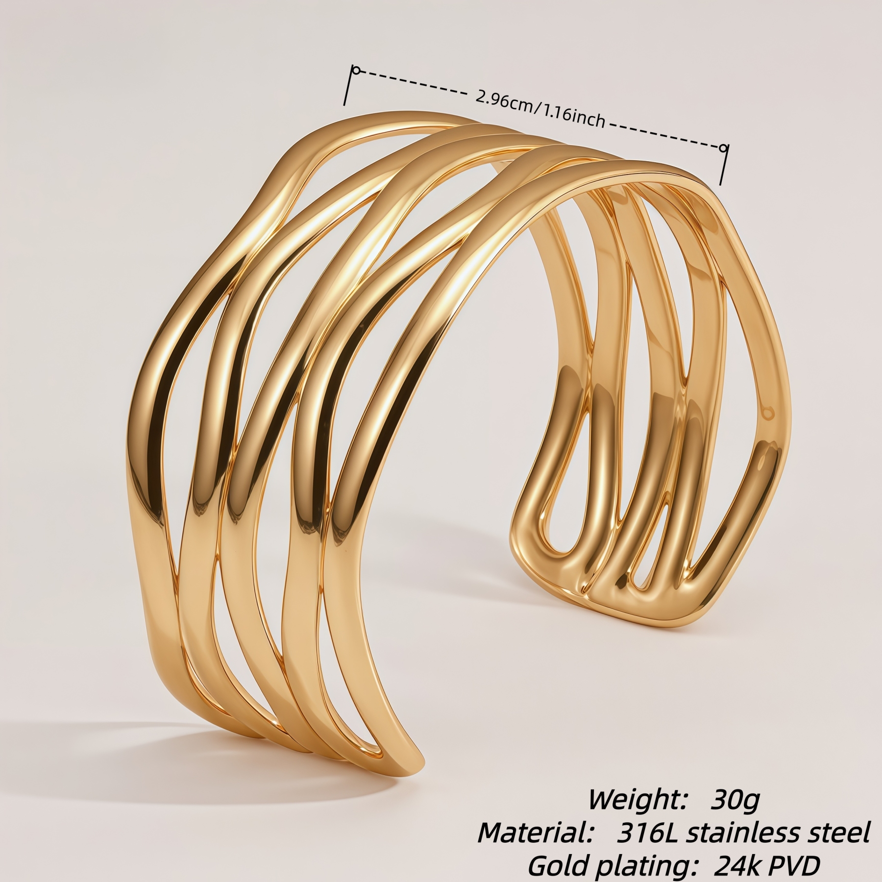 Stainless Steel Gold Plated Wave Hollow Out Wide Cuff Bangle for Women