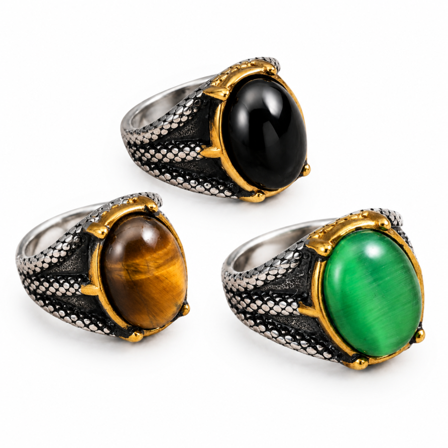 Two-Tone Metal Finish Textured Scale-Like Pattern Oval Cabochon Men's Ring B043