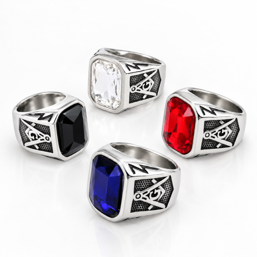 Statement Masonic Square with Rounded Corners, Cushion-Cut Stone Setting Men's Ring B287