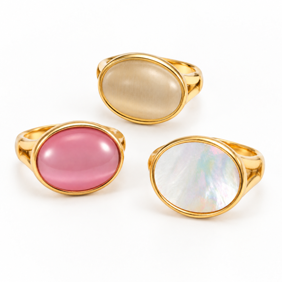 Gold-Tone Bezel Setting Large Oval Cabochon Gold Ring E00594