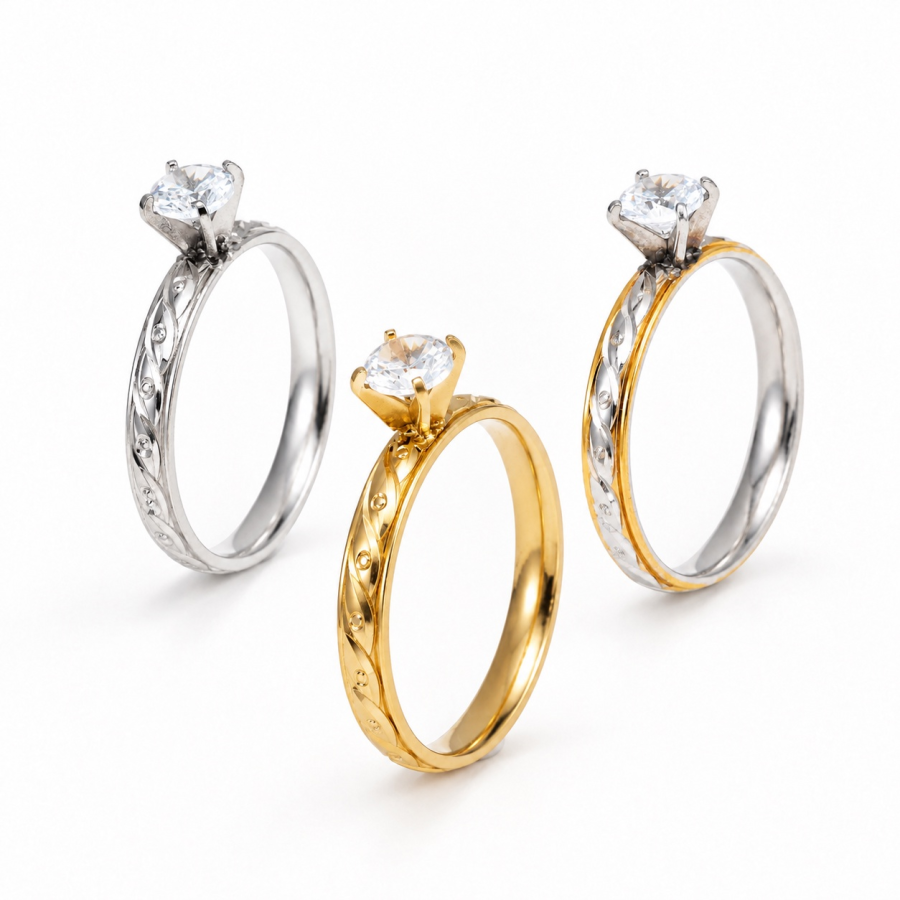 Twisted Leaf Pattern Band Four-Prong Solitaire Setting Multicolor Ring C009