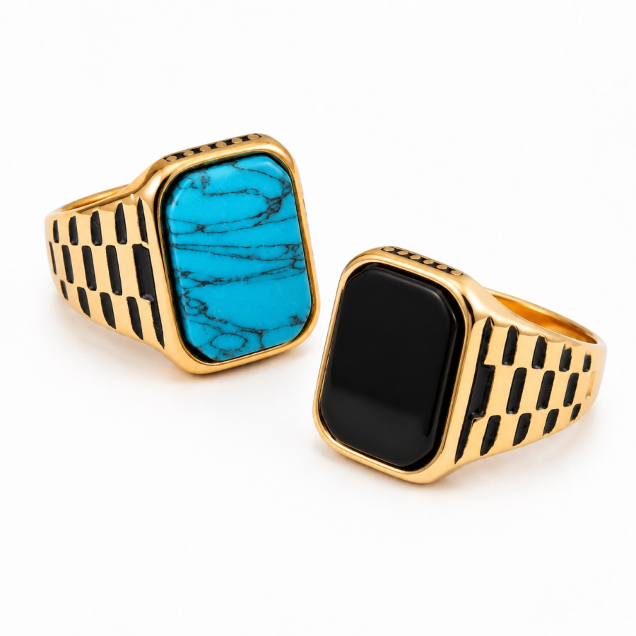 Signet Style with Geometric Cutouts Bold Statement Design Rounded Rectangular Face with Wide, Openwork Band Men's Ring B