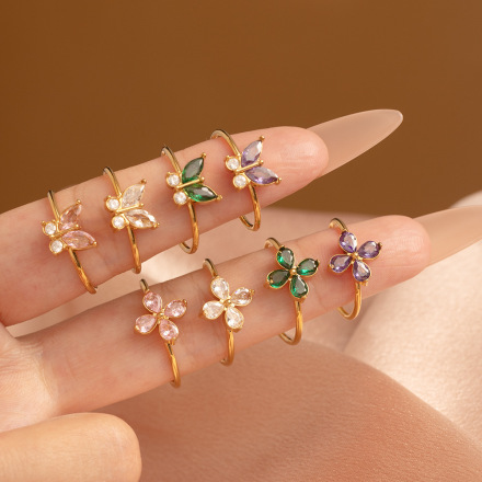 Luxury Floral Zircon Stainless Steel Ring for Women, 18K Plated Adjustable Ring-JinBaoJewerly