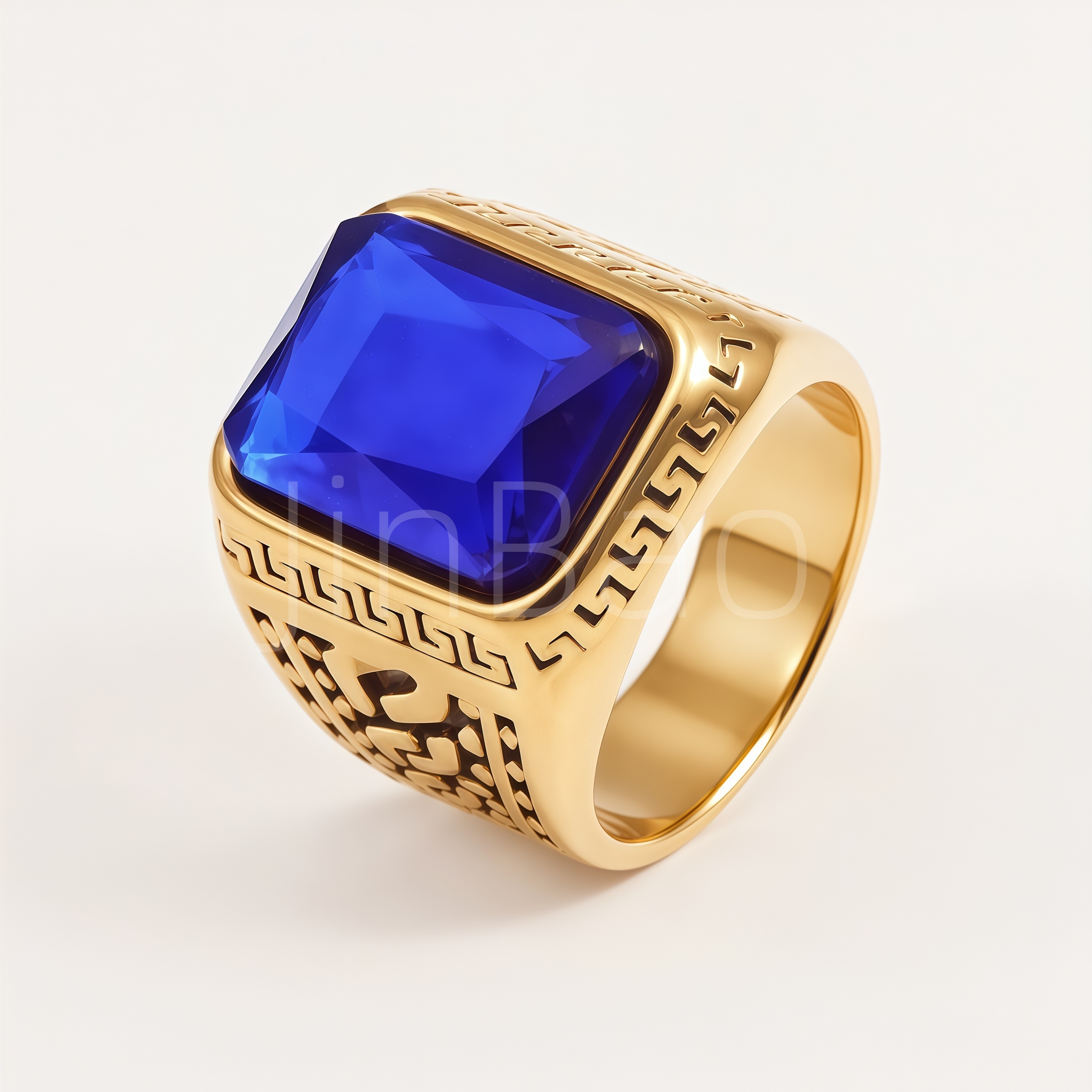 Vintage Greek Key Engraved Square Gemstone Signet Ring for Men | B135