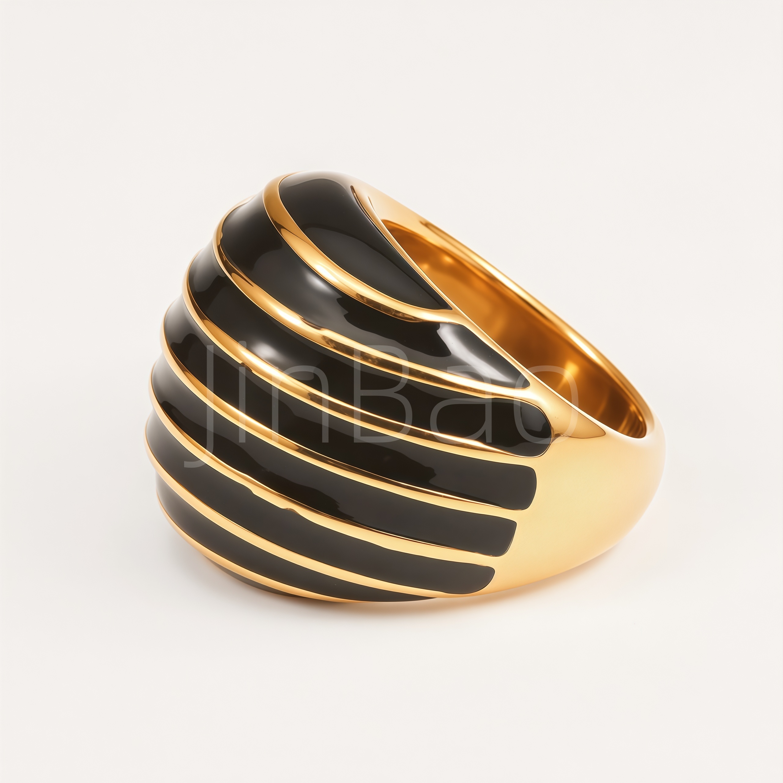 Curved Striped Black Enamel Dome Women's Ring | E00545
