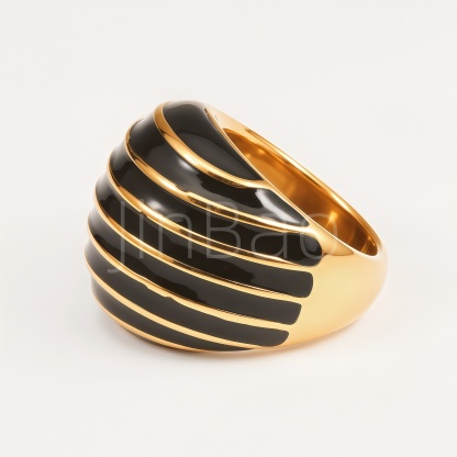 Curved Striped Black Enamel Dome Women's Ring | E00545