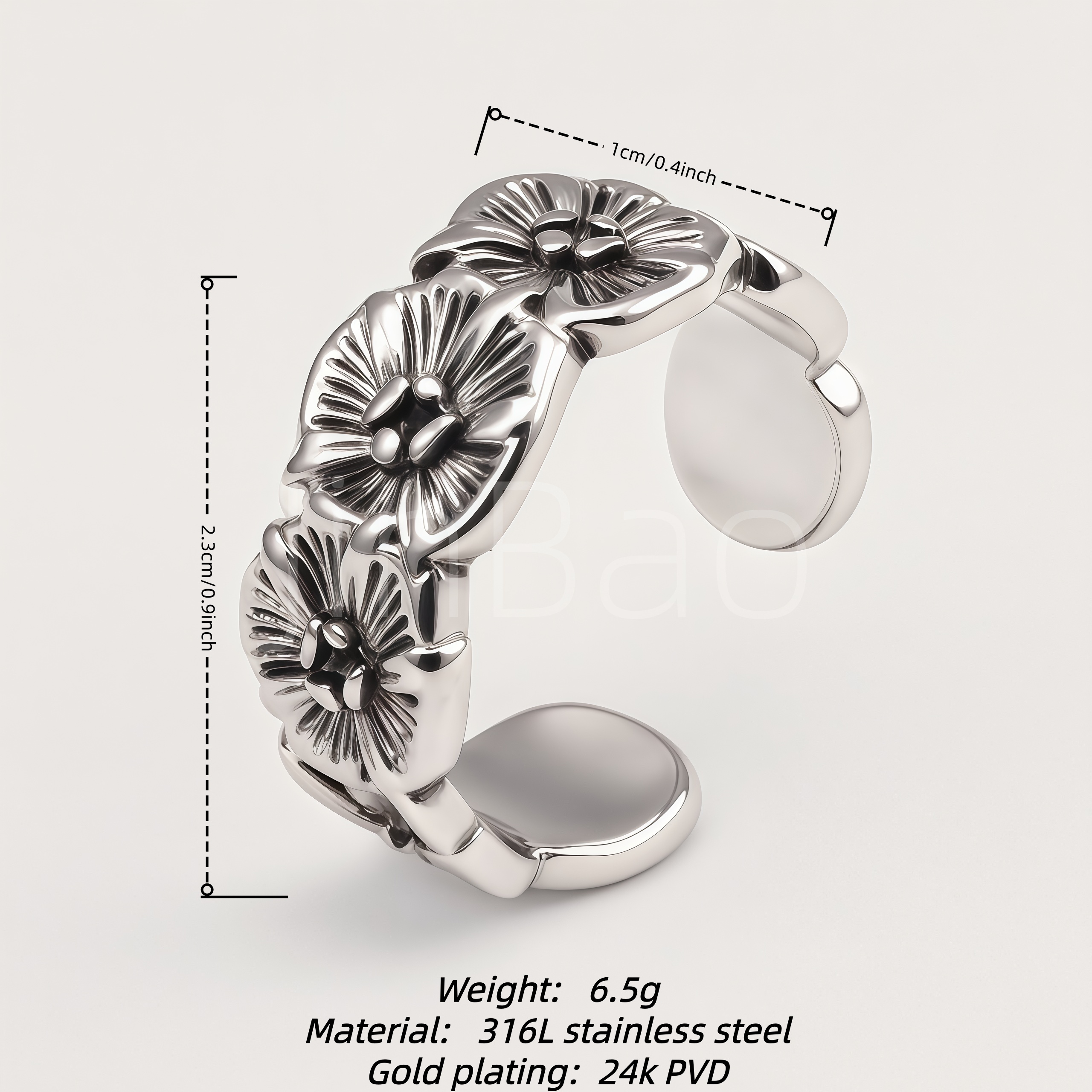 Vintage Flower Embossed Open Cuff Statement Ring | E00453