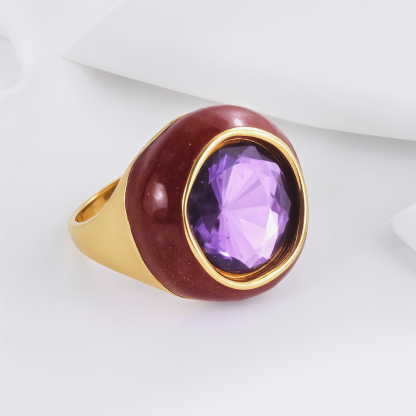 Vintage Stainless Steel Gemstone Ring Colorful Resin Oval Women Ring | G004606