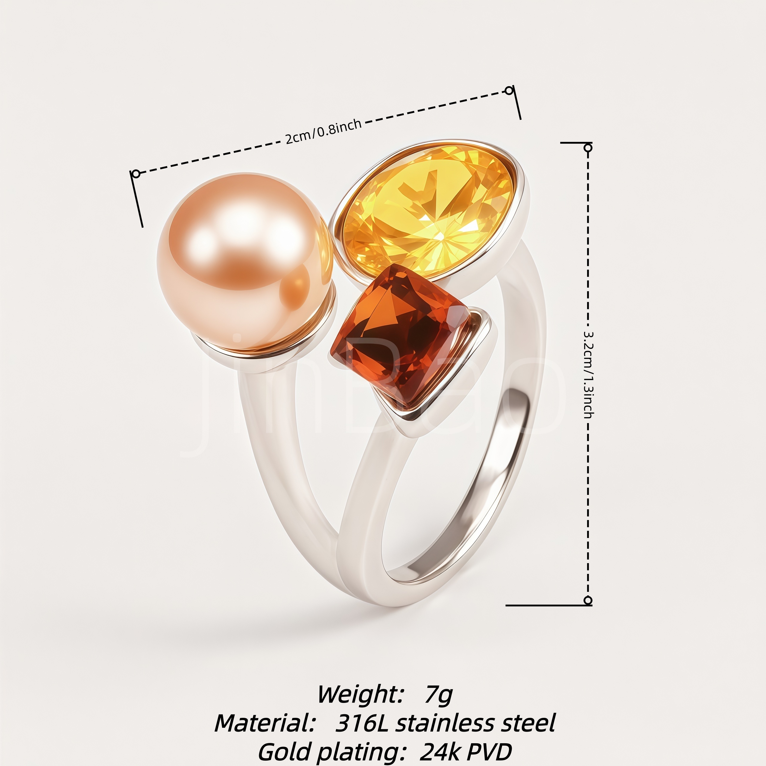 Luxury Multi-color Gem Pearl Stainless Steel Women Finger Ring