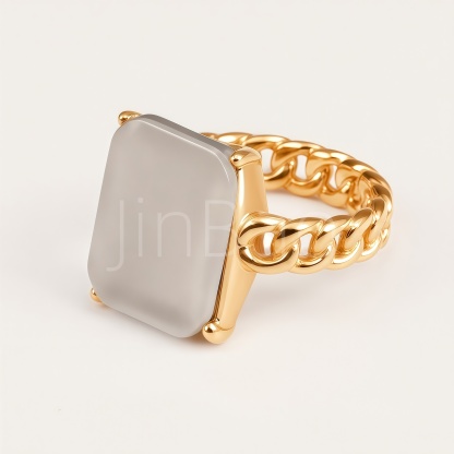 Square Grey Cat's Eye Stone Curb Chain Women's Ring | E00549