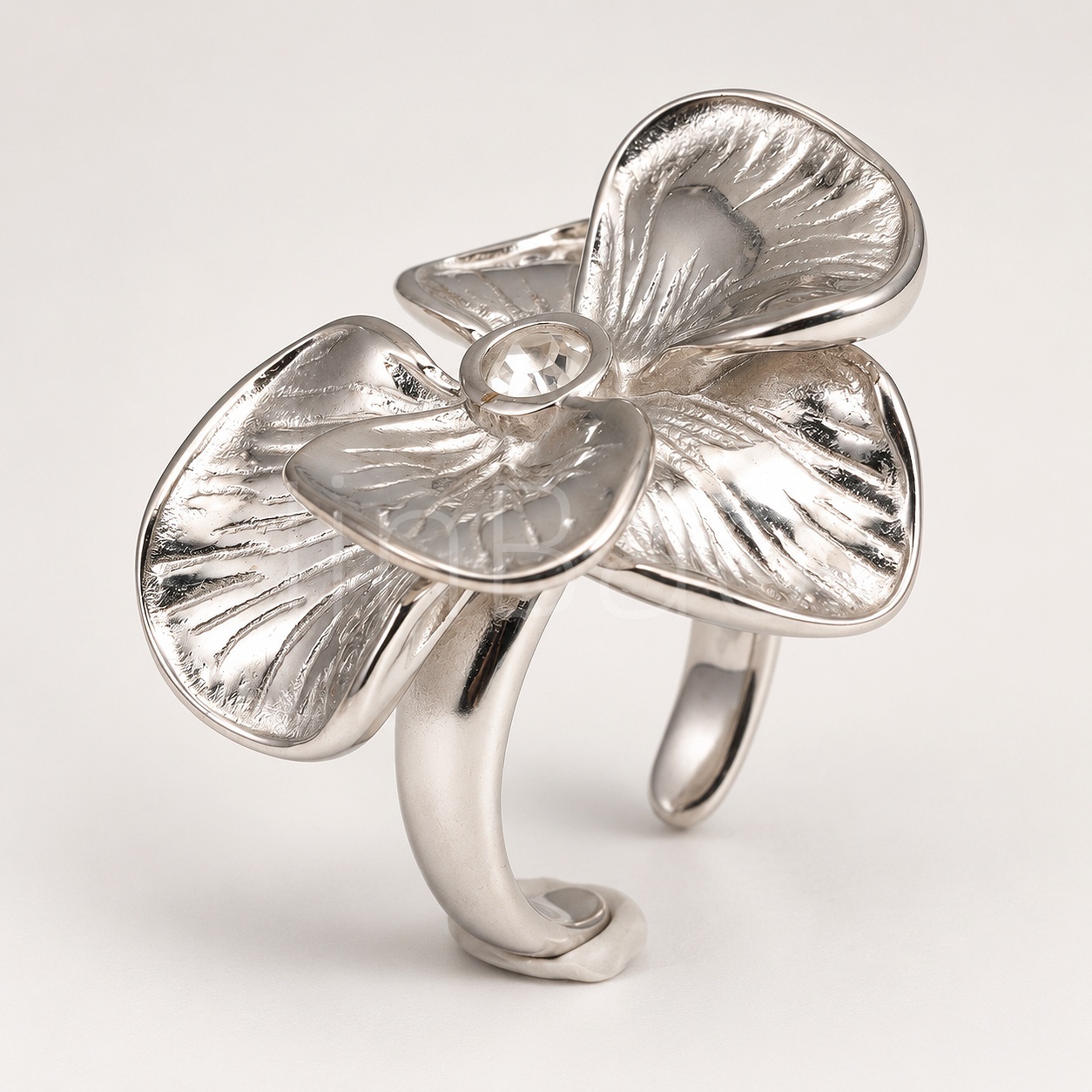 Textured Petal Flower Open Ring with Crystal for Women | E00597