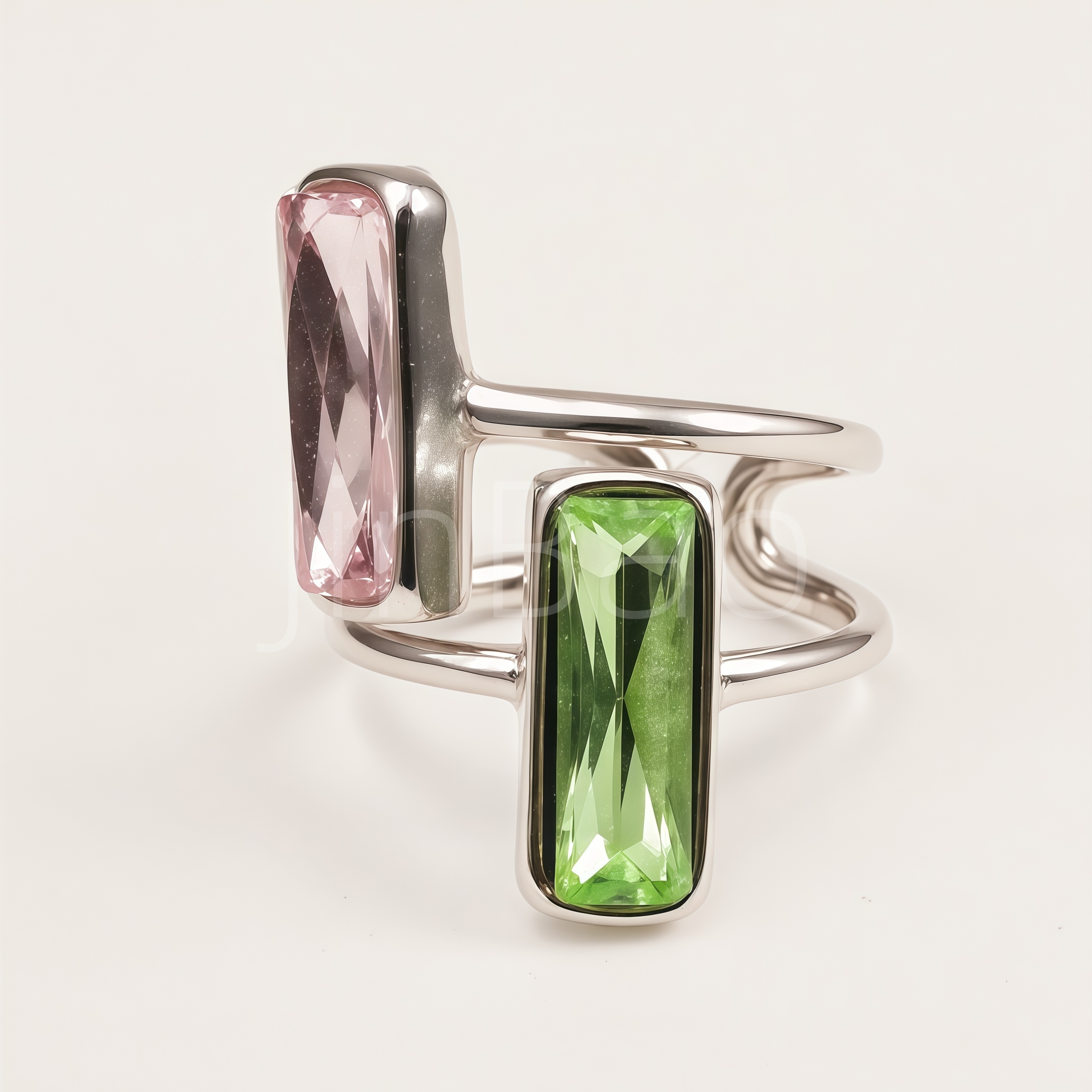 Pink & Green Rectangle CZ Dual Stone Bypass Open Ring for Women | N002793GQFV