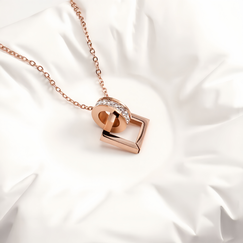 Rose Gold Interlocking Square and Ring Pendant Necklace