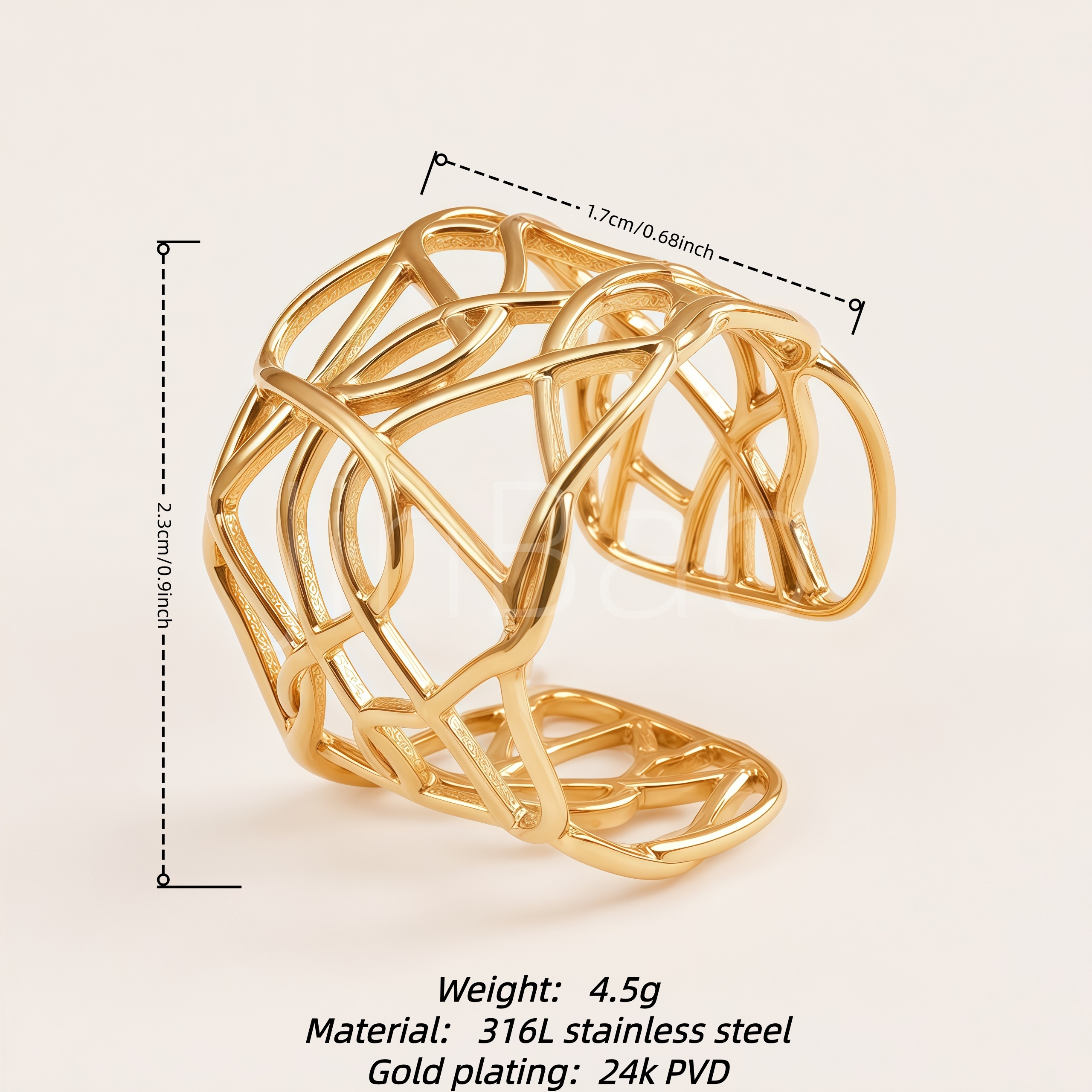 Interwoven Hollow Mesh Wide Gold Open Cuff Women's Ring | E00483
