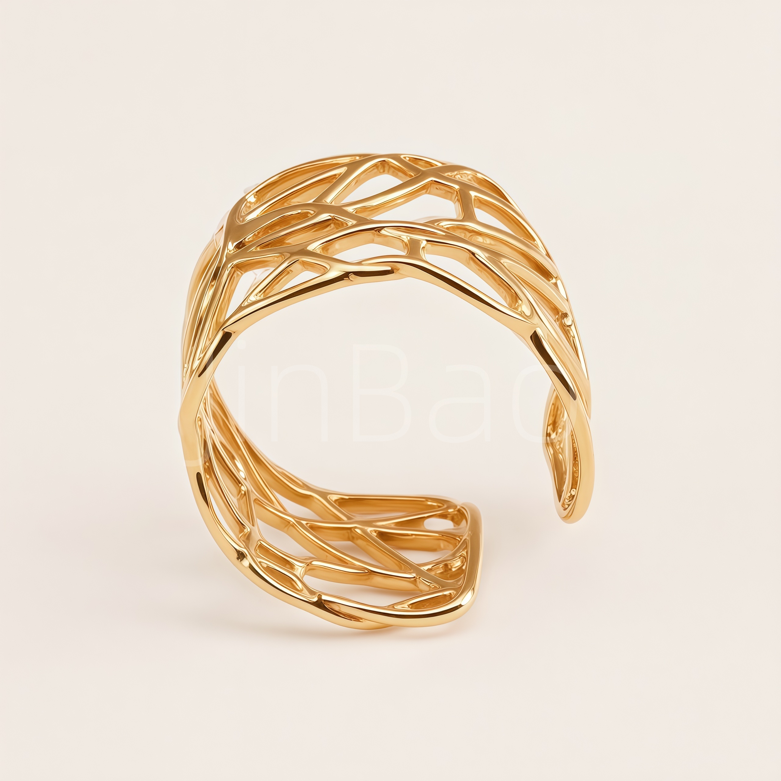 Interwoven Hollow Mesh Wide Gold Open Cuff Women's Ring | E00483